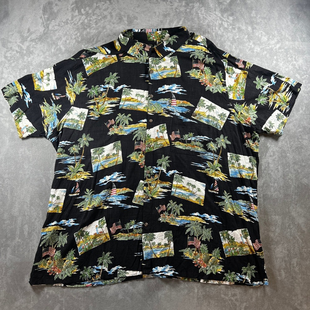 Batik Bay Mens 4XB Hawaiian Shirt Black Tropical Palm Tree American Flag‎
